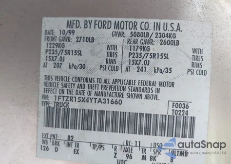 2000 Ford Ranger Xlt from USA, damaged, VIN 1FTZR15X4YTA31660